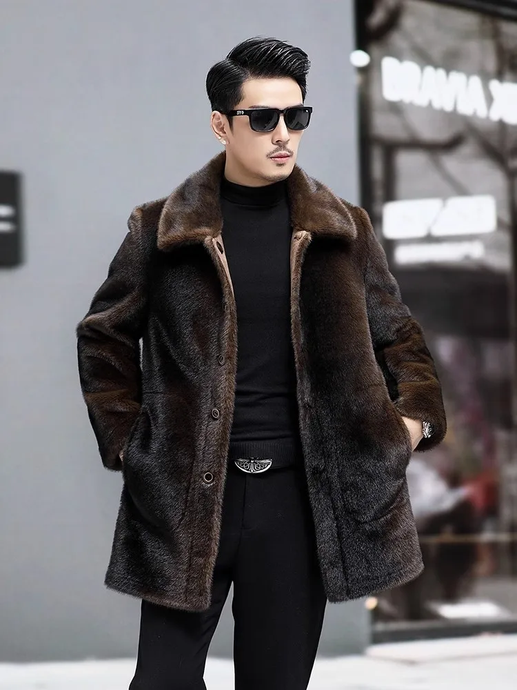 Winter Luxury Business Casual Mens Faux Fur Long Jacket Single Breasted Double-Sided Warm Overcoat Long Sleeve Faux Leather Coat