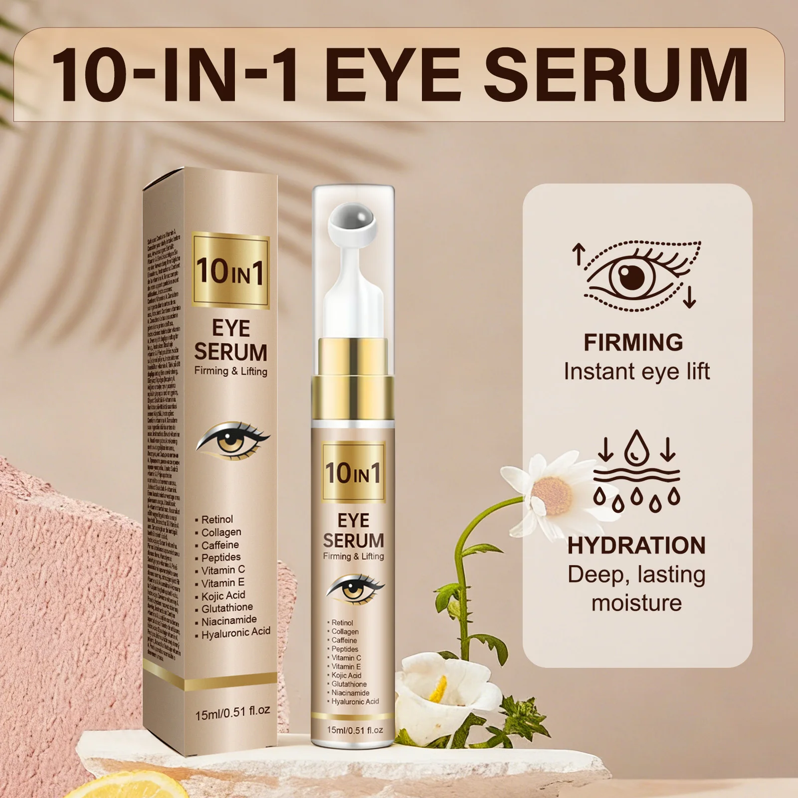 10 IN 1 Roller Eye Serum 15ml, Retinol Collagen Caffeine Peptides Niacinamide Hyaluronic Acid, Moisturizing Firming Lifting Eye Serum for Under Eye Daily Skin Care