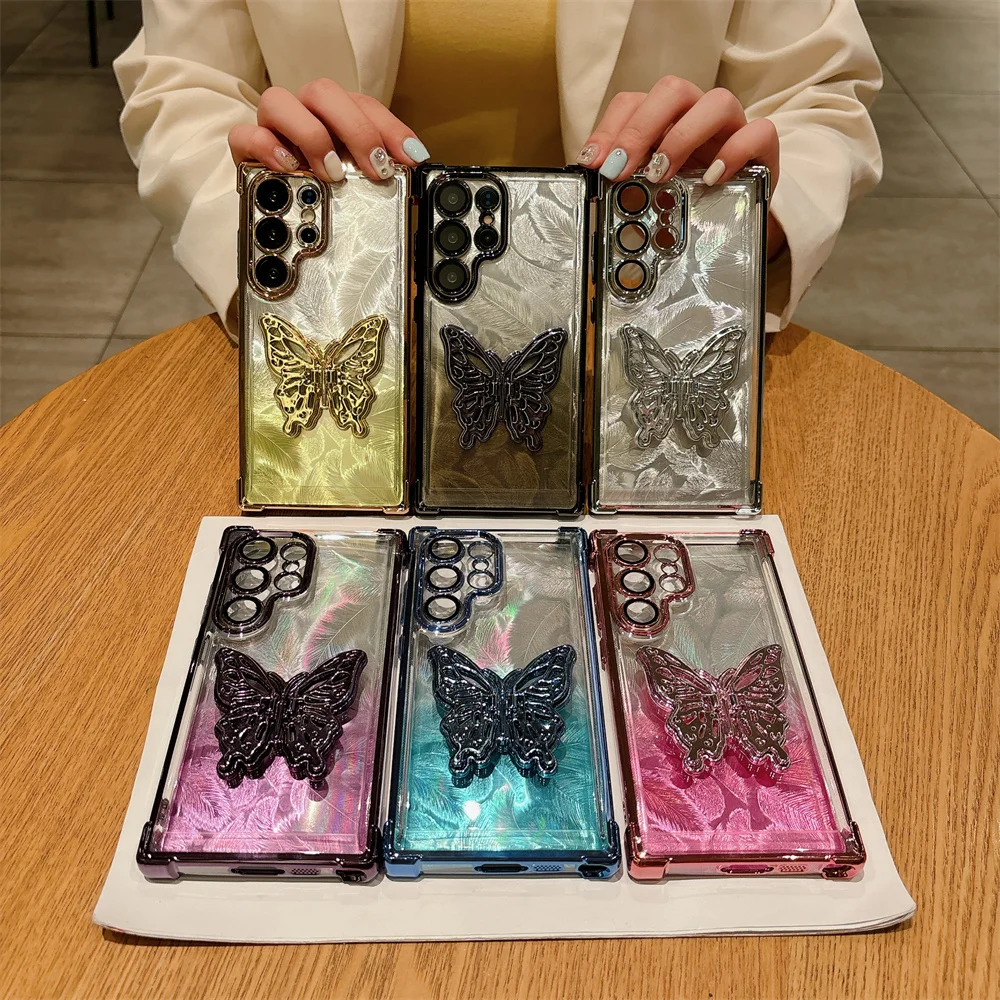 Cartoon Butterfly Gradient Bracket Case dla Samsung Galaxy S24 Ultra S22 Plus S23 FE Note 20. Feather Stand Airbag Bumper Cover