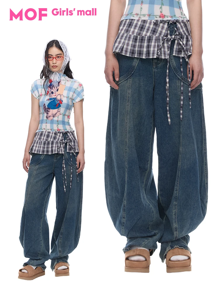 

Retro Casual Blue Denim Banana Pants Wide Leg Women's Trousers MOF Girl Natural Waist Loose Fit No Stretch Chinese Brand