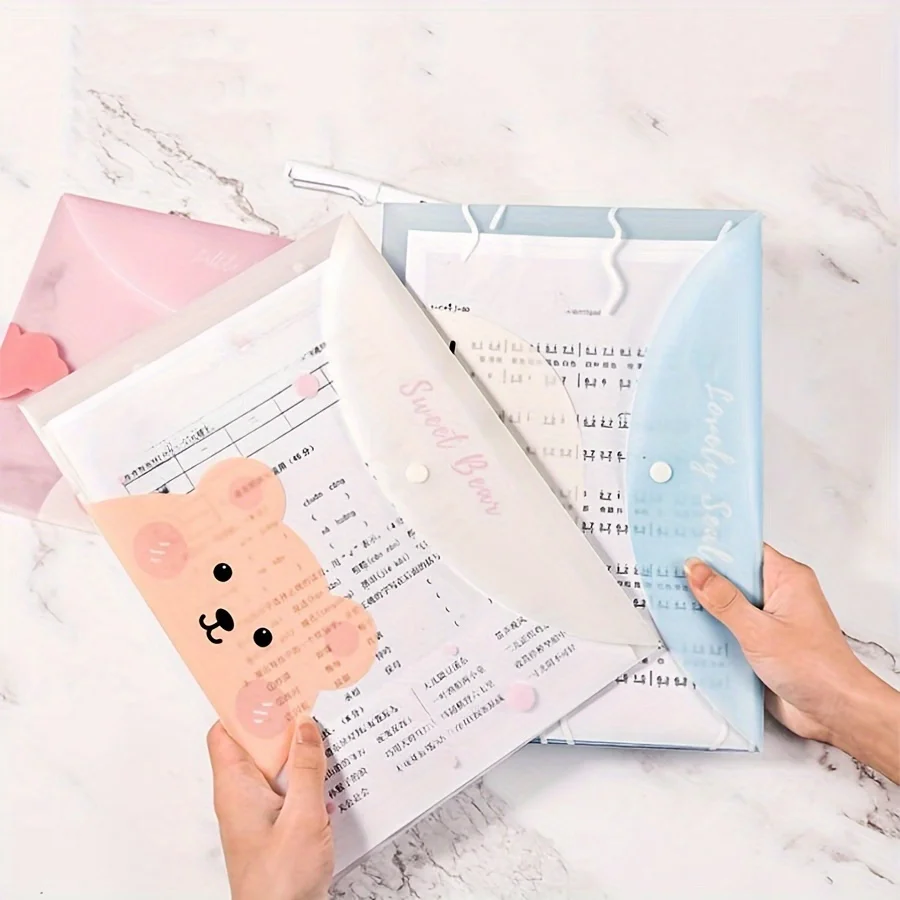 

4PCS file bag, cute A4 cartoon file bag, clip button, transparent student stationery, cute information bag