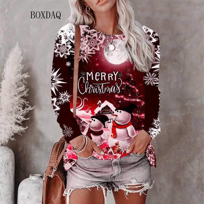 

Christmas Style Women T-shirts Autumn Winter Long Sleeve 3D Christmas Snowman Print Street Hip Hop Ladies Tees 6XL Big Size Tops