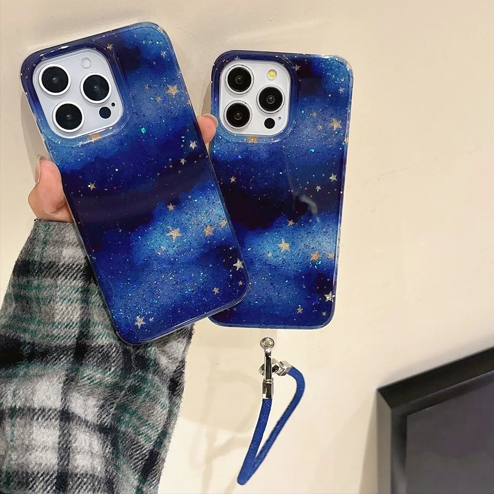 

Чехол для телефона для iPhone 15, 14, 13, 12, 11 Pro Max, новый корейский защитный чехол INS с блестящим рисунком синего звездного неба и ремешком