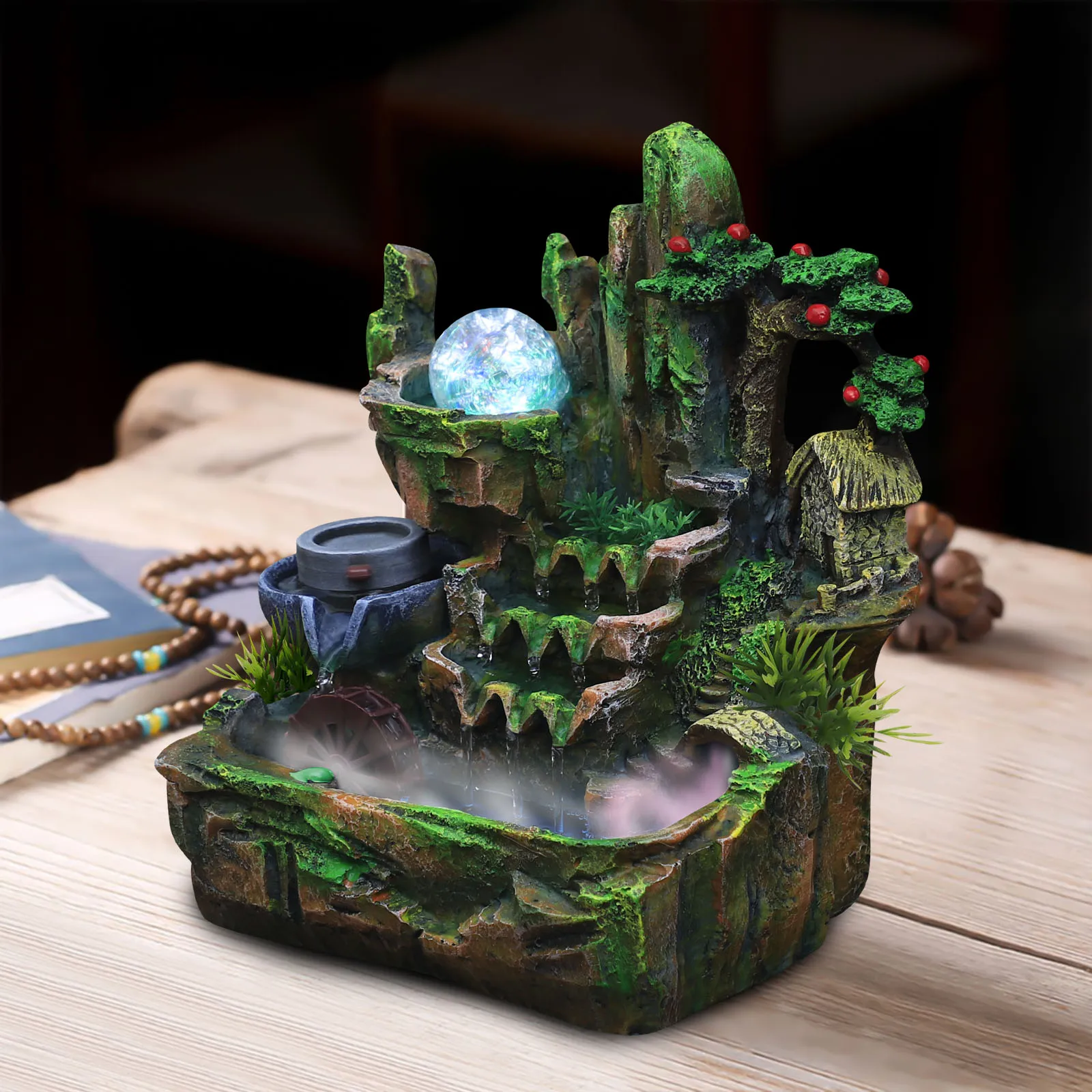 فنغ شوي نافورة الماء سطح المكتب اللون تغيير أضواء LED 110 فولت الولايات المتحدة التوصيل ريفي الراتنج مكتب ديكور تدفق شلال 26x20x28 سنتيمتر