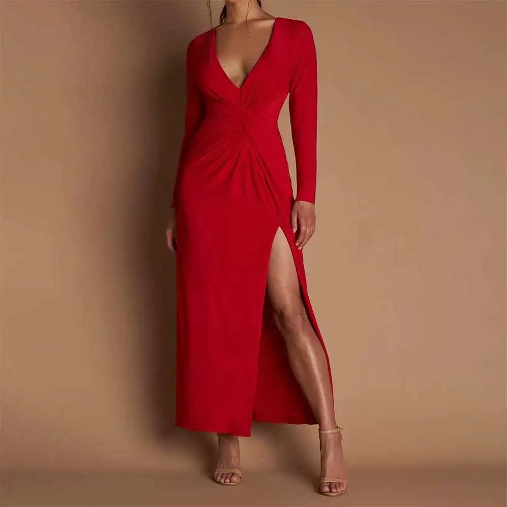 V Neck Long Sleeve Pleated Side Slit Evening Dress for Women Elegant Prom Party Dresses Formal Wedding Guest Gowns فساتين سهرة