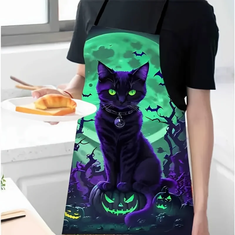 Halloween Themed Cat Pattern Apron 1pc Oxford fabric Cooking Bib with Pumpkin Bats Print for Kitchen Household Cleaning Supplies