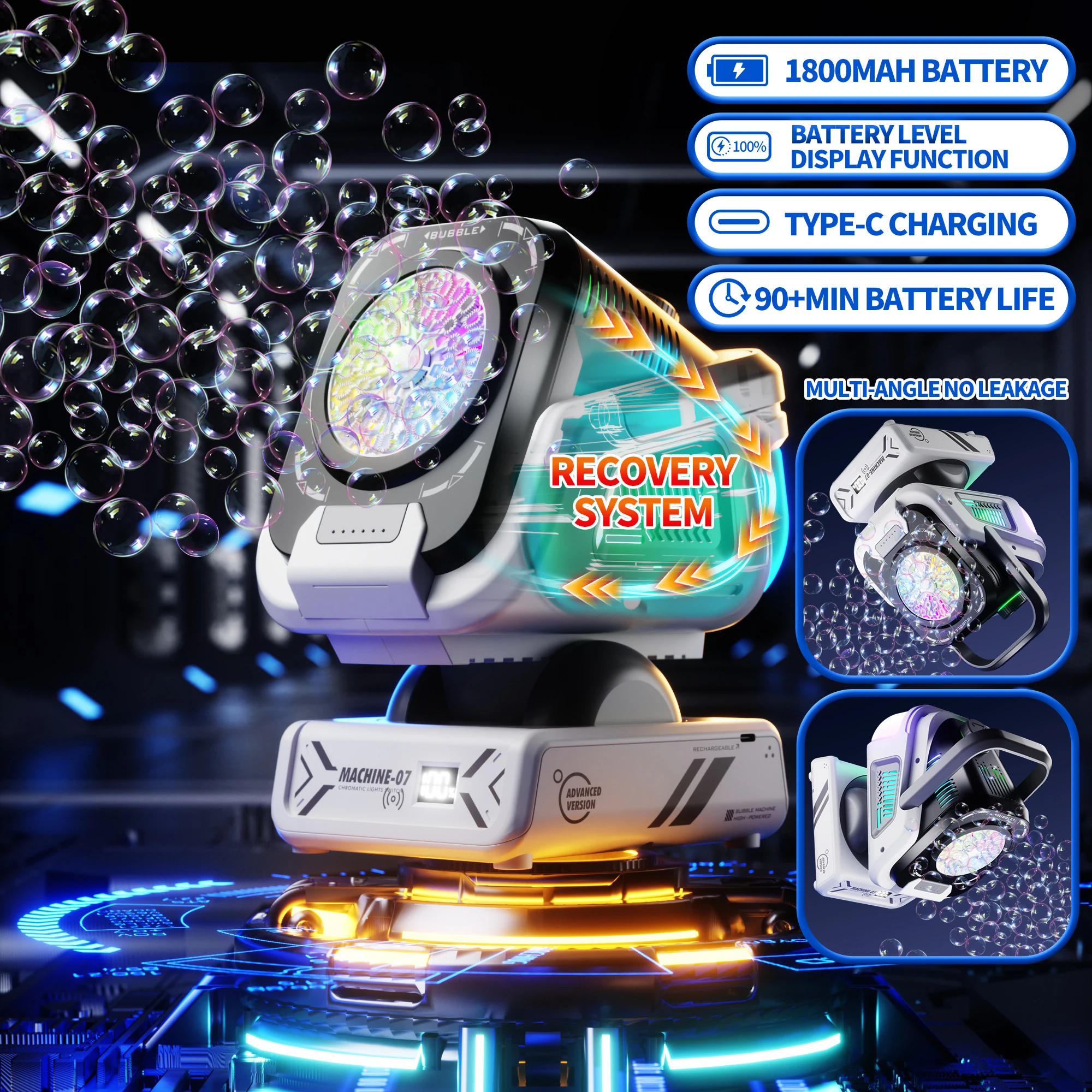 A versão atualizada da máquina de bolhas com controle remoto, rotação automática e luz Rgb, bateria recarregável de 1800mAh, carregamento tipo C, máquina de bolhas adequada para crianças, casamentos, festas de aniversário, atividades ao ar livre, não inclui fluido de bolha