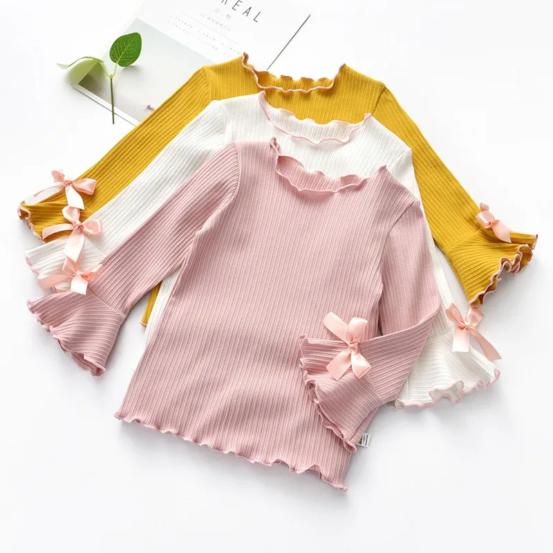 3-8T Spring Autumn Baby Girls T-shirt Ruffled Flare Sleeve Bow-knot Casual Shirt Kid Children\'s Long Sleeve O-Neck Cotton Top