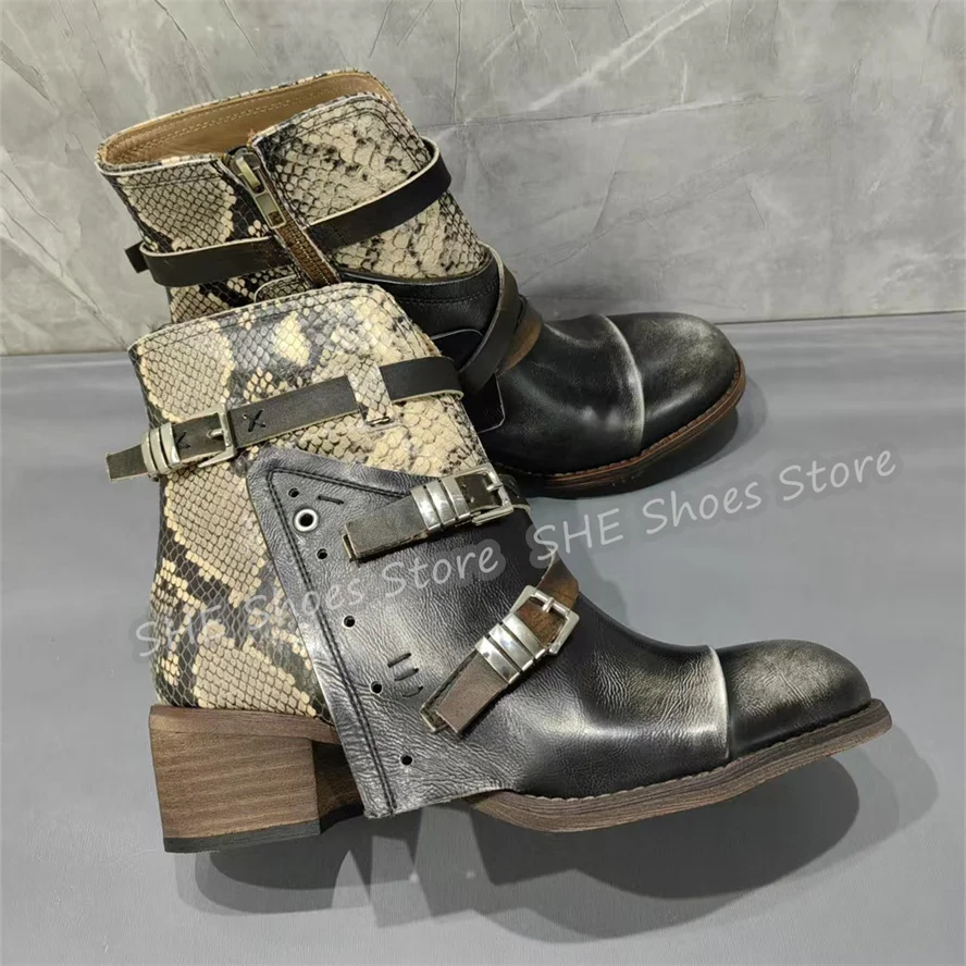 

Retro Mixed Color Belt Buckle Chunky Heel Lady Ankle Boots Snakeskin Emboss Genuine Leather Short Boots Women High Top Boots