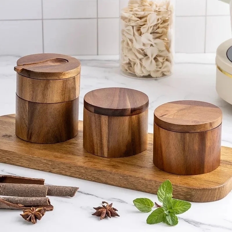 

Acacia Wood Salt Shaker Seasoning Box Bamboo Pepper Box with Rotating Lid Kitchen Storage Spice Jar Spice Storage Box