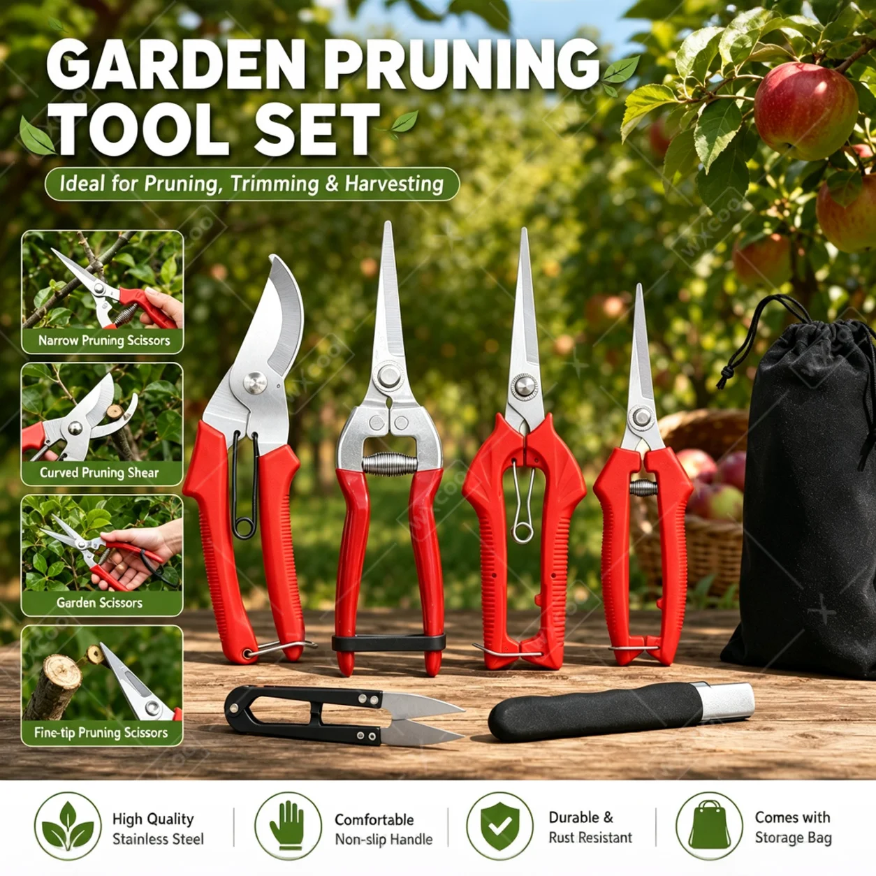 Stainless Steel Garden Pruning Shears Branch Trimming Scissors Plant Clippers with Sharpening Storage Bag for Flower Tree Care