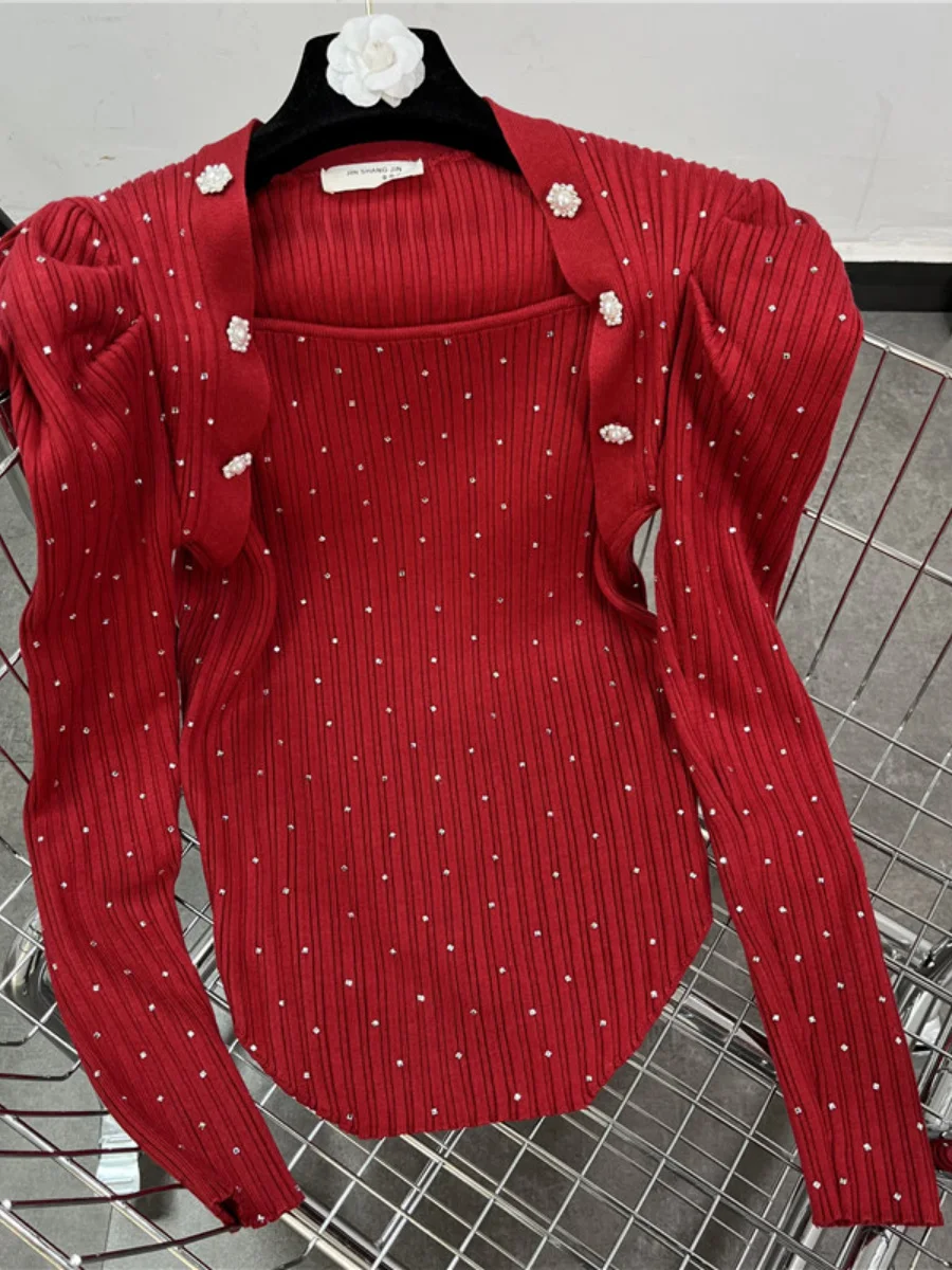 Puff Full Fashion Body Hot Drilling Red Slim Fit Long Sleeve Knitwear Women 2023 Spring Autumn New Sweet Cool Sweater Top