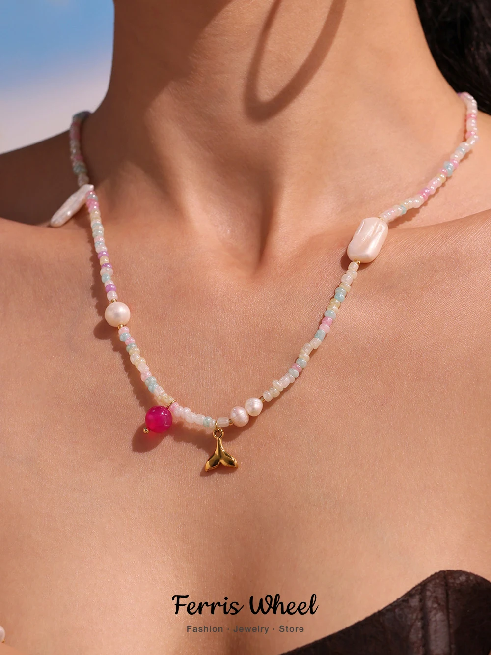 

Sea Summer Pendant Necklace for Women Stainless Steel Gold Plated Waterproof Natural Stones Chain Female Girl Jewelry