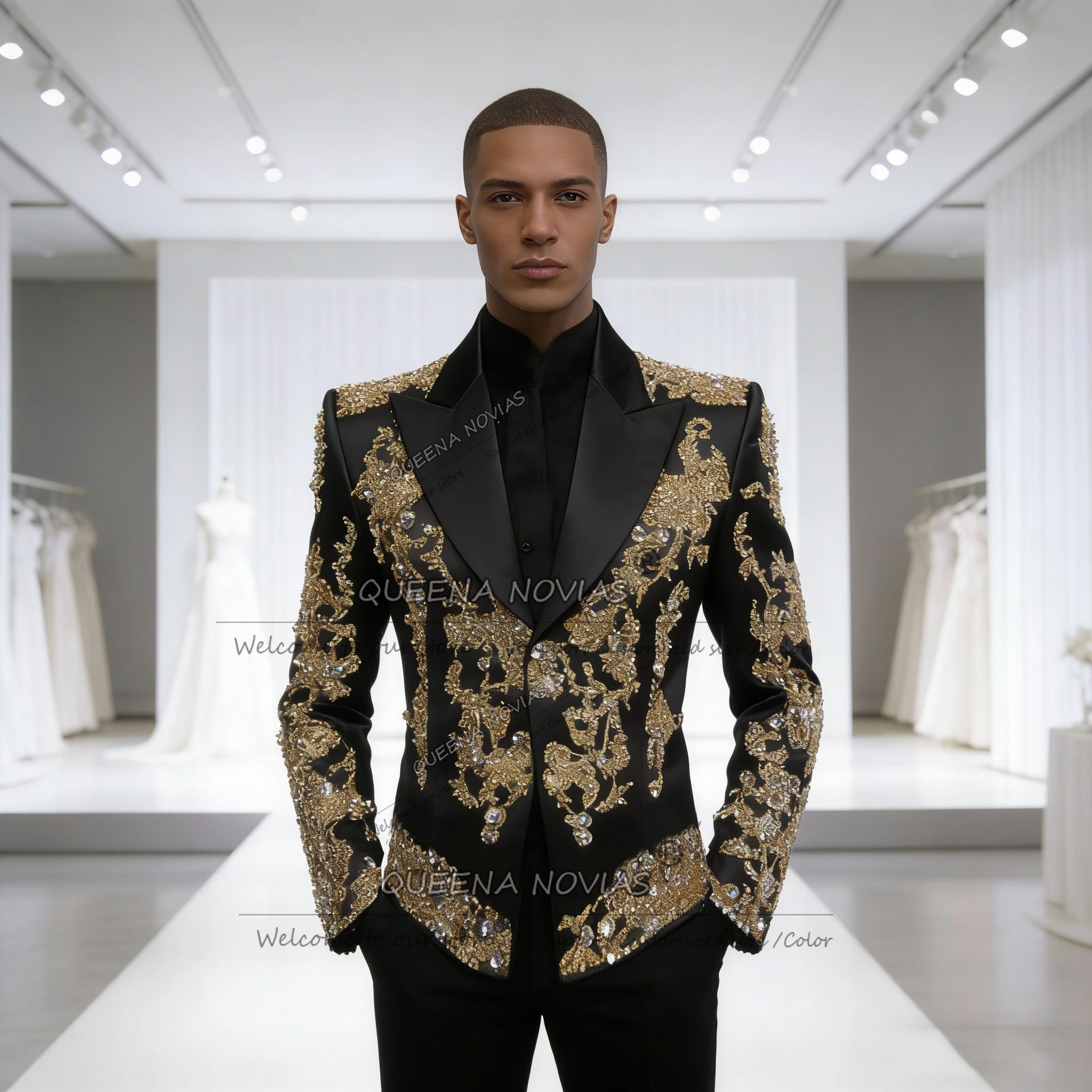 Grânulos requintados cristais noivo casamento smoking pico lapela baile de formatura blazers personalizado 2 peça conjunto terno traje banquete vestido masculino