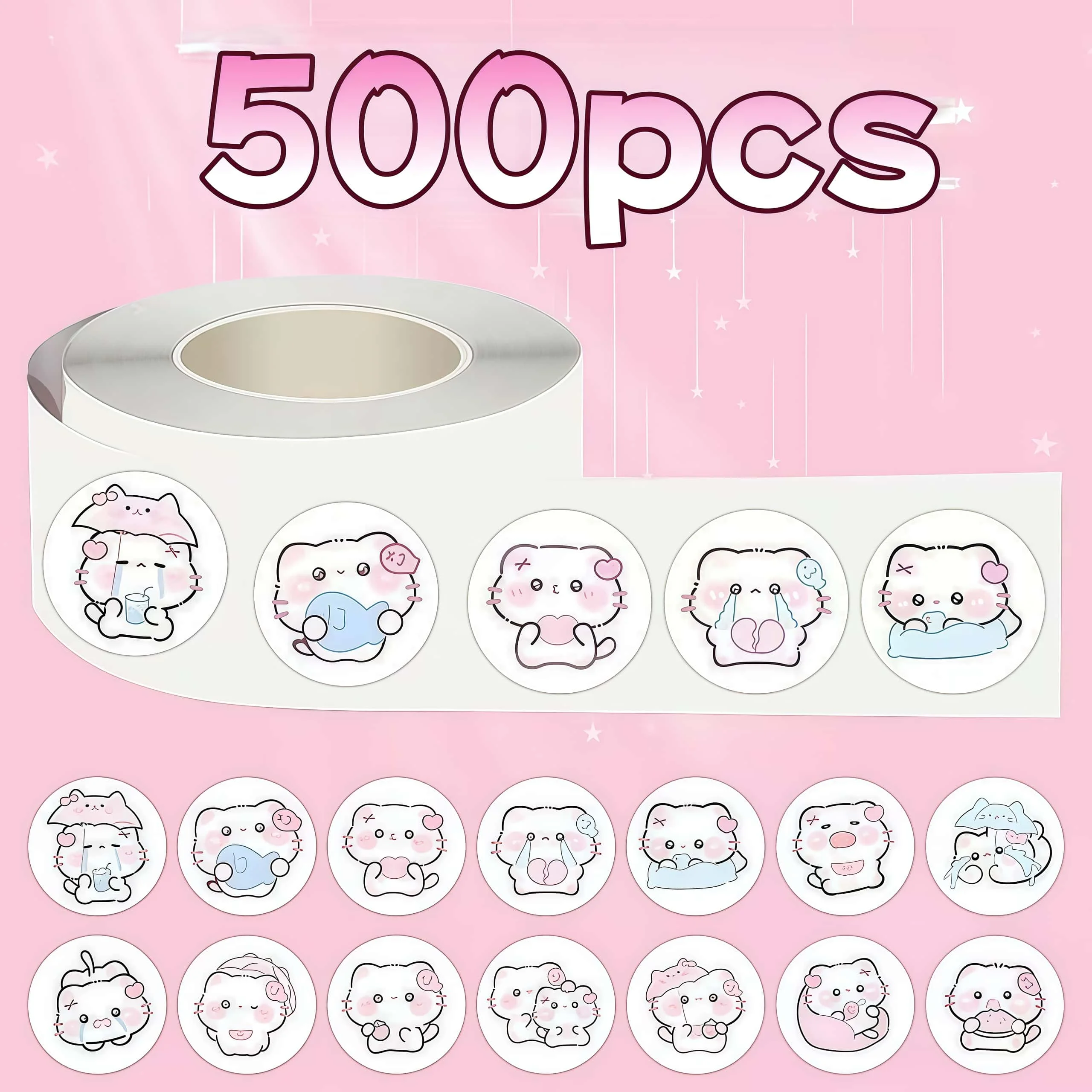 500Pcs Cute Pink Blush Kitten Sticker Roll, Soft Pastel Multi‑Expression Cat Decals for Journaling, DIY Crafts & Package Sealing