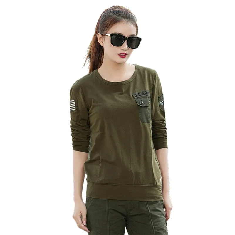 US Army Green T Shirt for Women, Military Style, Outdoor Clothing, Black Cotton, Long Sleeve, O Neck, Tops