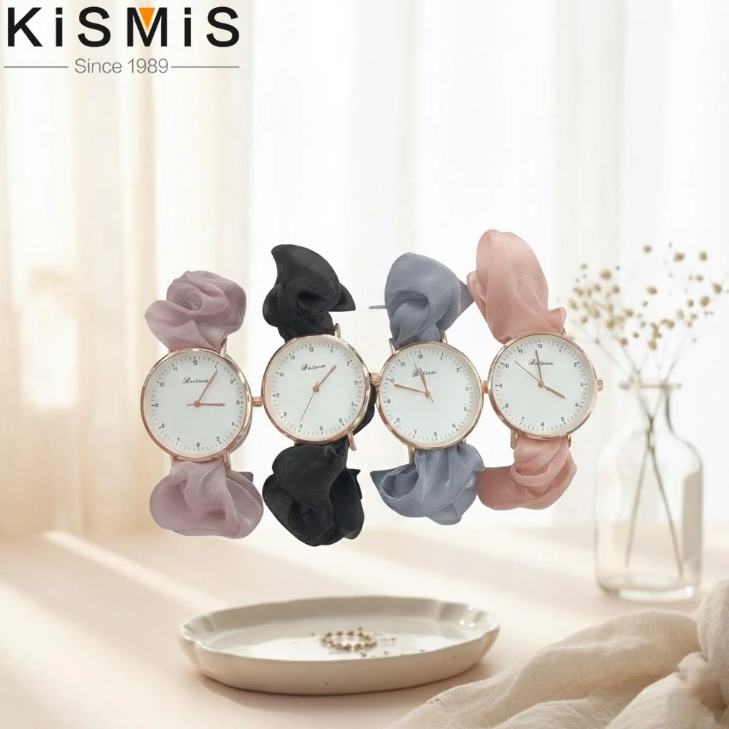 

Elegant Women Quartz Watch Colorful Fabric Band No Clasp Student Digital Watch Fashionable Ribbon Design