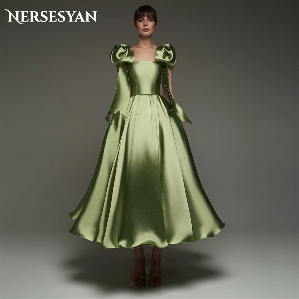 

Nersesyan Green Satin Formal Evening Dresses Off Shoulder A Line Bow Straps Pleats Prom Dress платье на выпускной Customized