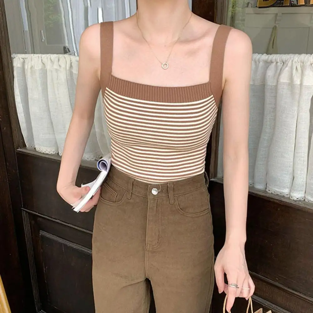 Square Collar Retro Striped Print Knitting Sleeveless Top Thin Vest Camisoles Wide Shoulder Straps Top Sling Sexy Slim Camisole