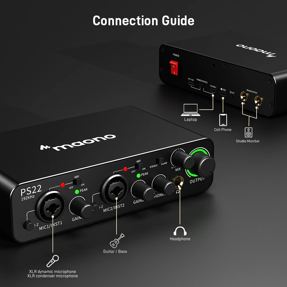 MAONO PS22 Professional Audio Interfaces Mixers External Sound Card Routing Software Recording Podcasting Music Production