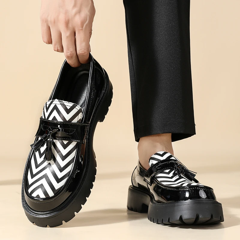Designer Brand Men's Glossy Stripe Loafer Shoes Tassel Thick Sole Casual Shoes Size 38‑46 Lightweight Slip‑on Party Leather Shoe