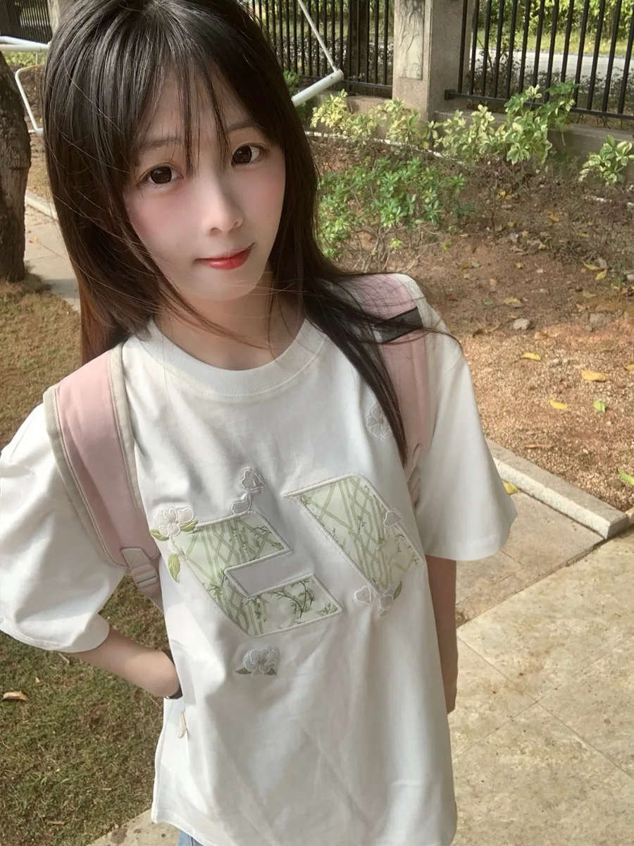 American Sle ort Sve T-Shirt Damen Sommer Design High Street Paar Einzigartiges schönes Top besticktes Buchstabenmuster