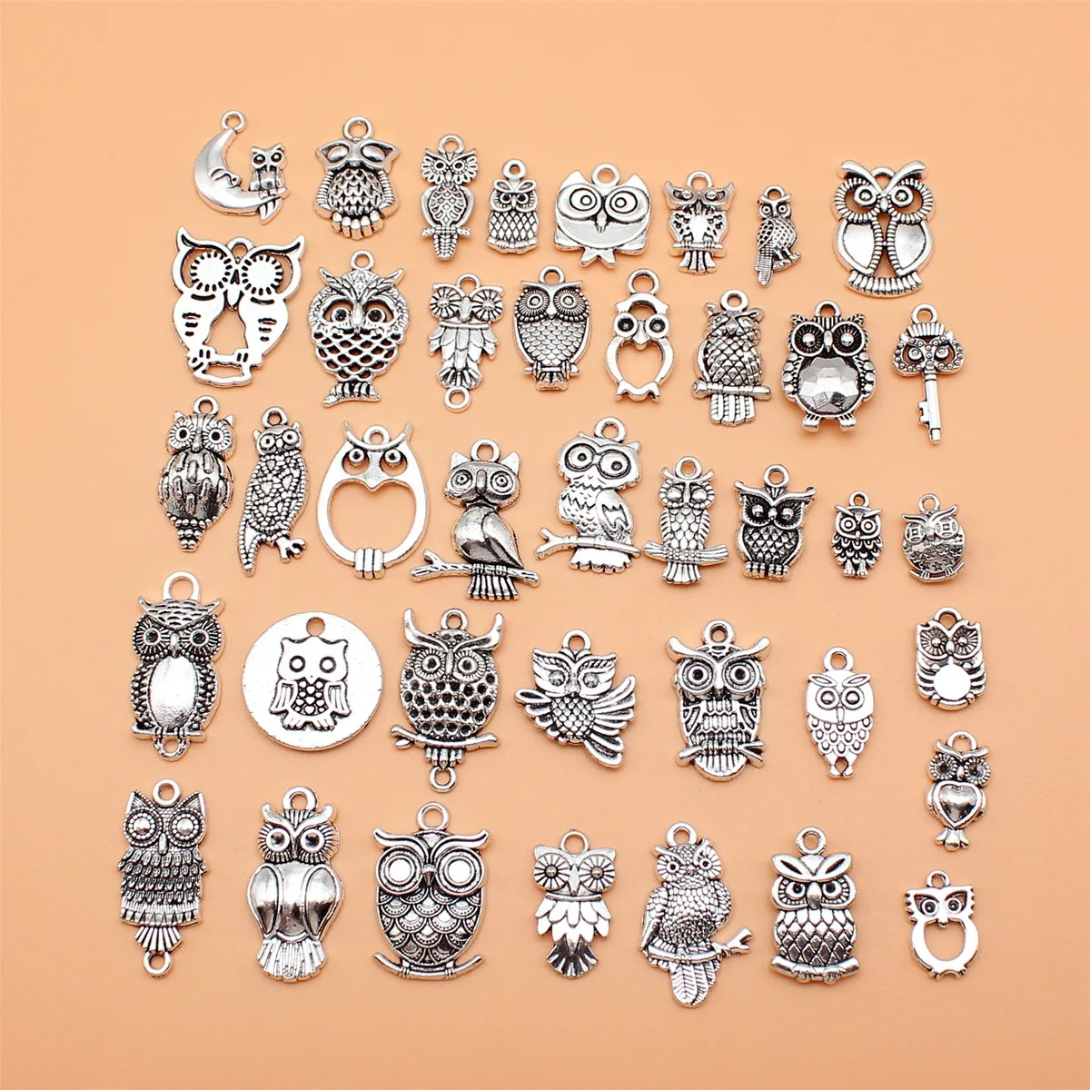 40pcs Antique Silver Color Owl Charms Collection For DIY Jewelry Making, 40 Styles, 1 of Each