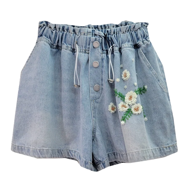 2024 Summer New Heavy Industry Beads Flowers High Waist Loose and Slimming Wide-Leg Denim Shorts for Women