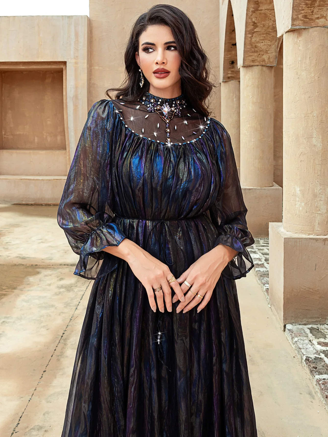

Elegant Dubai Abaya Shimmer Diamonds Kaftan Women Muslim Evening Party Maxi Dress Turkey Robe Caftan Marocain Femme Robe Vestido
