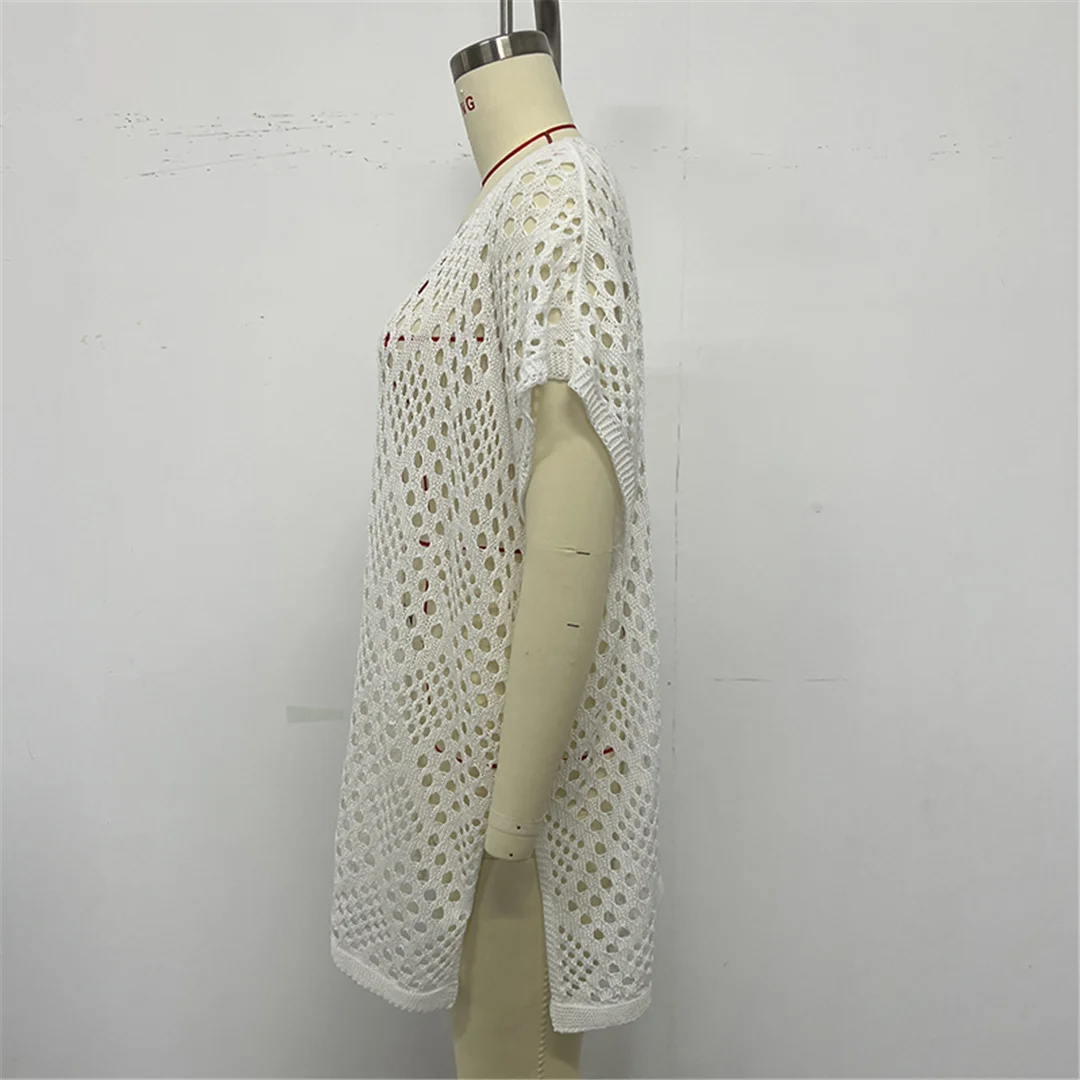 Kurzarm-Tunika mit Aushöhlungen, einfarbig, gehäkelt, gestrickt, Strand-Cover-up, Strandkleid, Strandmode, Damen V8535 – Detail 13