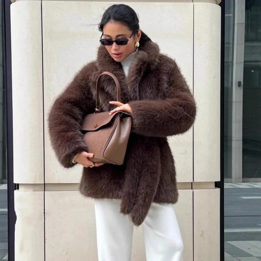Mantel Bulu Imitasi Wanita Model Fox Fur, Jaket Bulu Panjang Sedang, Kerah Berlipat dengan Tali, Lengan Panjang, Tebal, Longgar, Kasual, Musim Gugur Musim Dingin 2025
