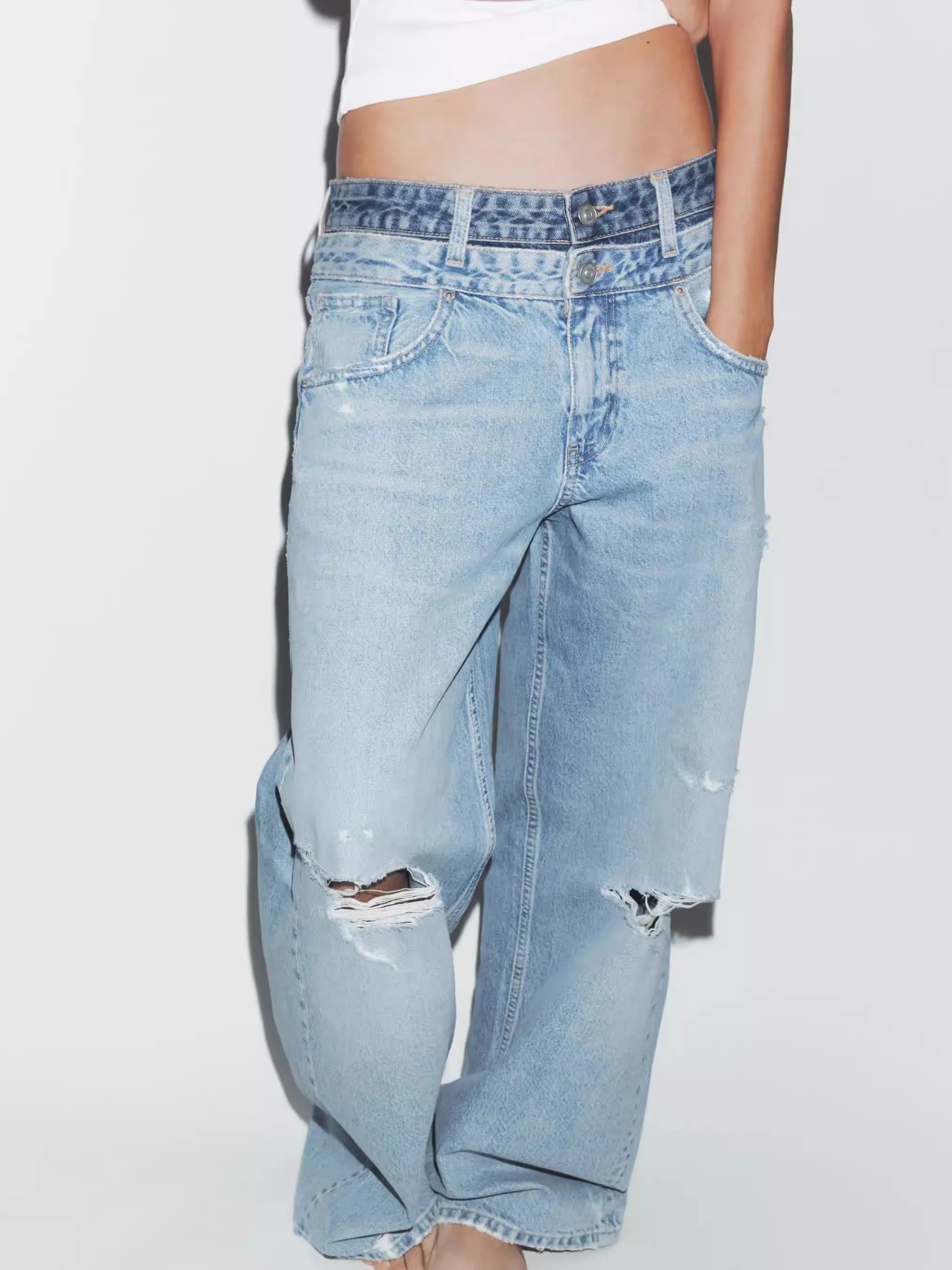 

Spring New Arrival Women's Casual Simple Double Layer Straight Leg Jeans mid Waist 8-25 Years Old 2026 Spring Season