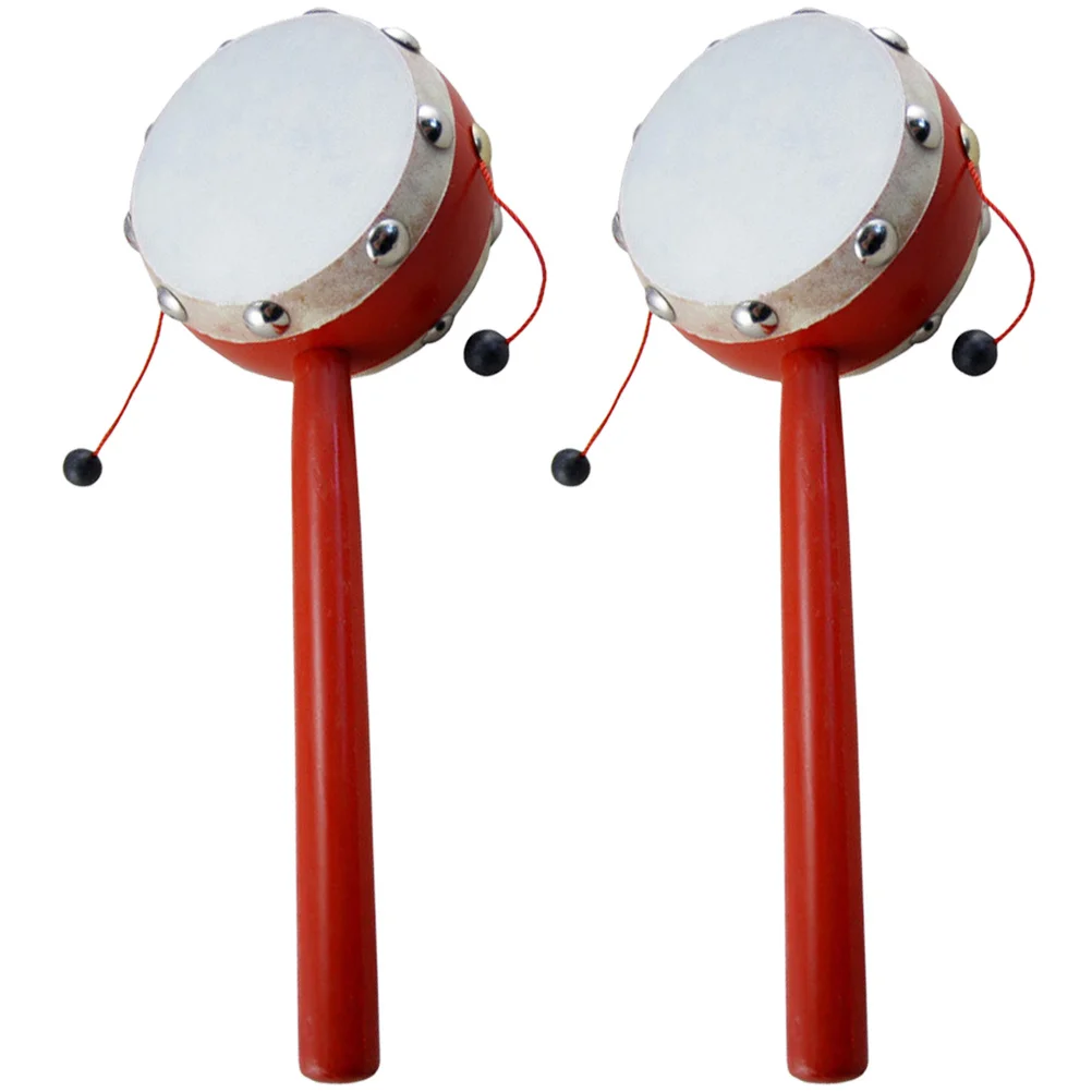 2 Stuks Handbel Rammelaar Drum Houten Geschilderde Schapenvacht Muziekinstrument Baby Baby Gift Stimuleert Gehoor Hand Vinger Oefening