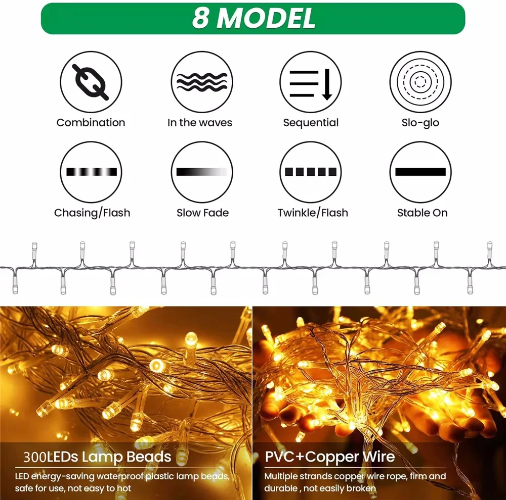 3M String Lights Holiday Wedding Fairy Light Garland Lights for Bedroom  8Mode Remote Control Curtain LED Christmas Decoration