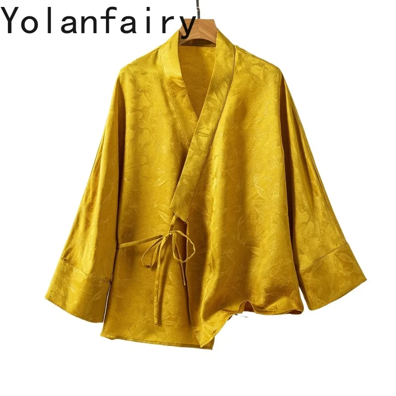 

YOLANFAIRY 100% Real Mulberry Silk Blouses for Woman Elegant Spring Fashion V-neck Shirt Lace-up Womens Tops Nine Quarter Shirts