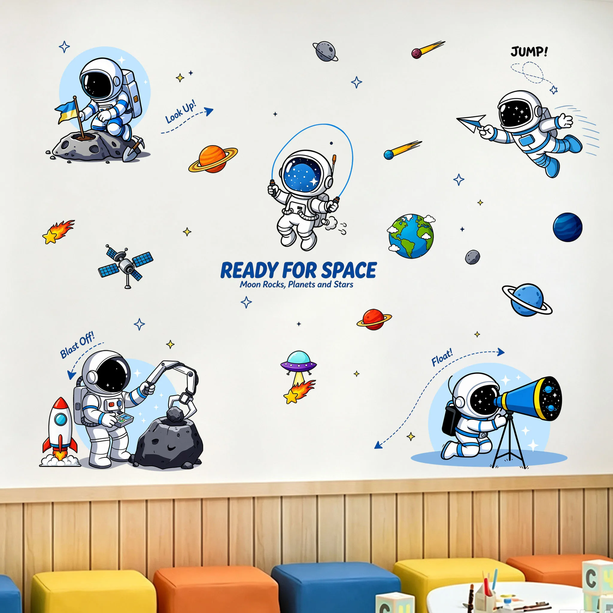 Cartoon Astronaut Space Wall Stickers Ready For Space Quote Planet Rocket UFO Satellite Wall Decals Removable Boys Nursery Decor