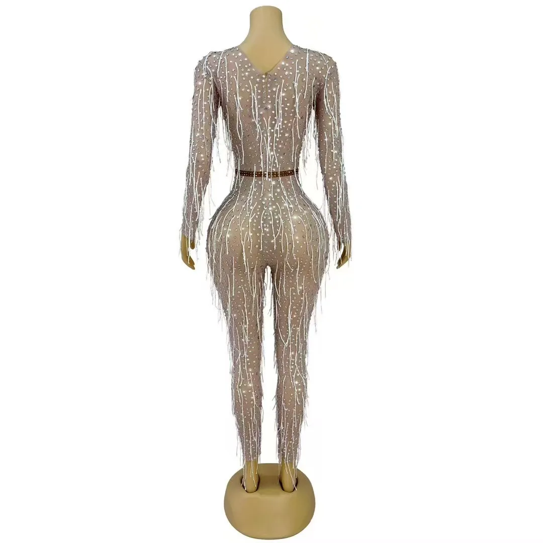 Sexy Stage Special Perform Costume Shining Rhinestones Tassels Nude Mesh Junpsuit Women Birthday Bar Singer Dancer Stage Outfit