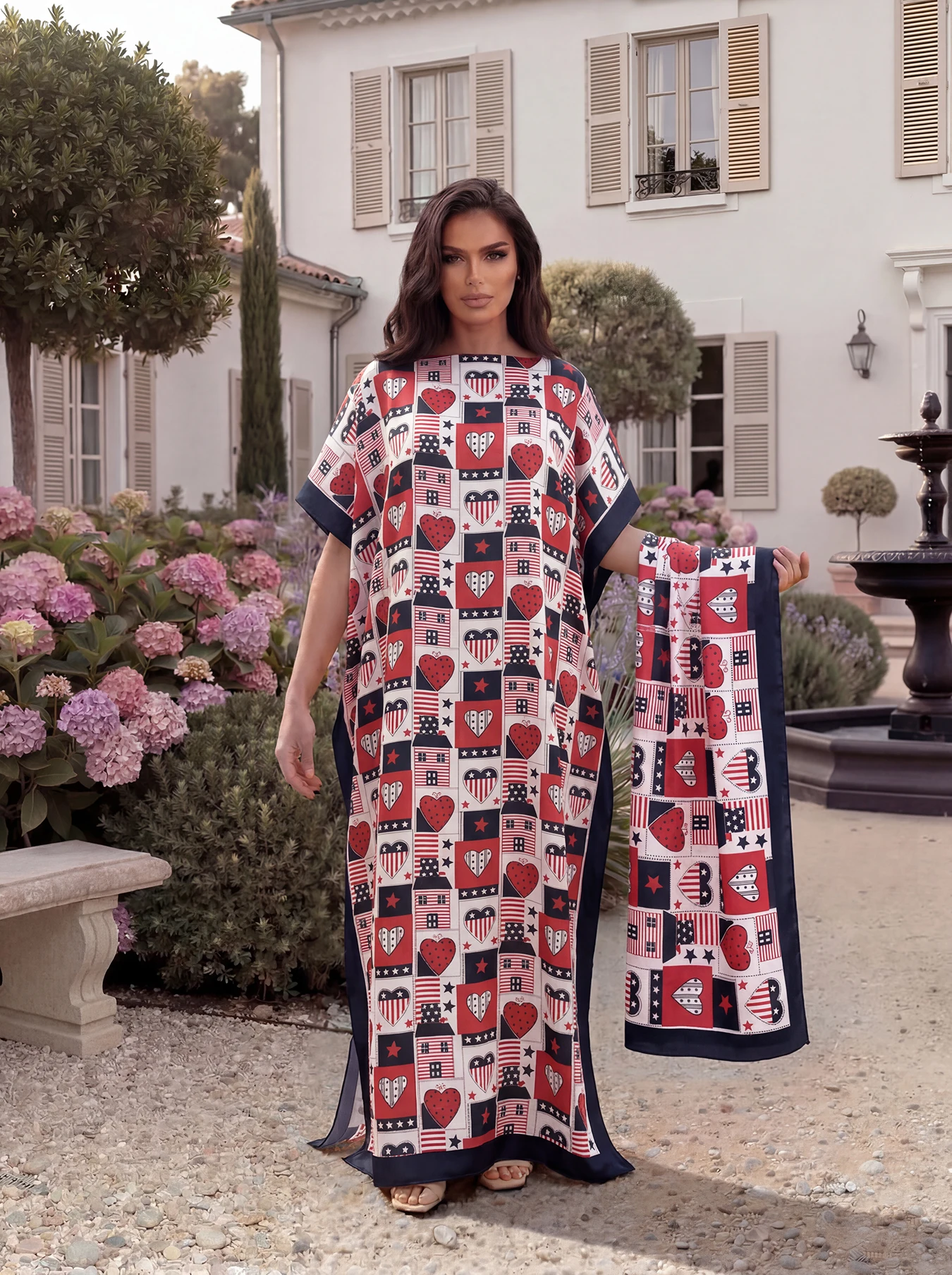 Heart Geometric Print Satin Abaya & Scarf Set, Loose Batwing Kaftan Maxi Dress for Muslim Women Summer Daily Holiday Wear