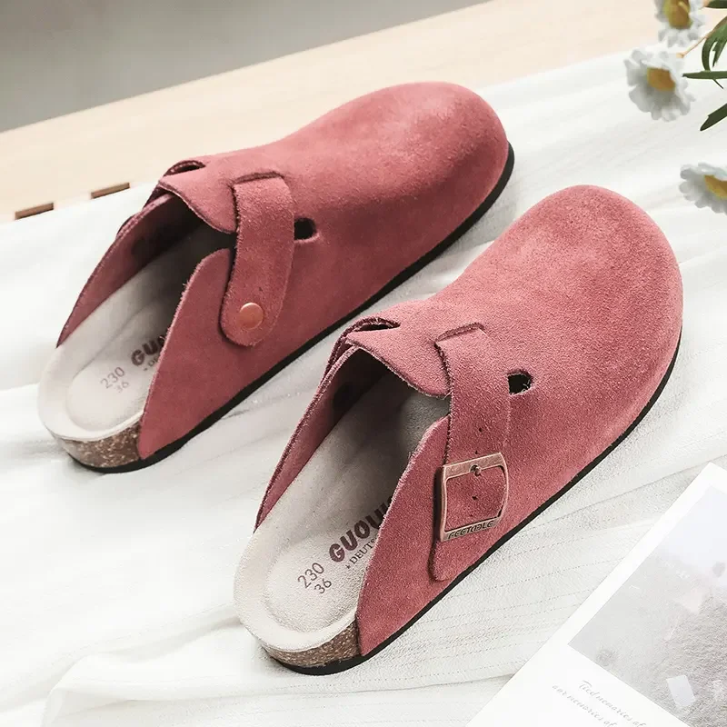 Guoluofei Clogs Women\'s Men Cow Suede Genuine Leather Round Toe Slippers Outdoor Casual Beach Cork Sandals