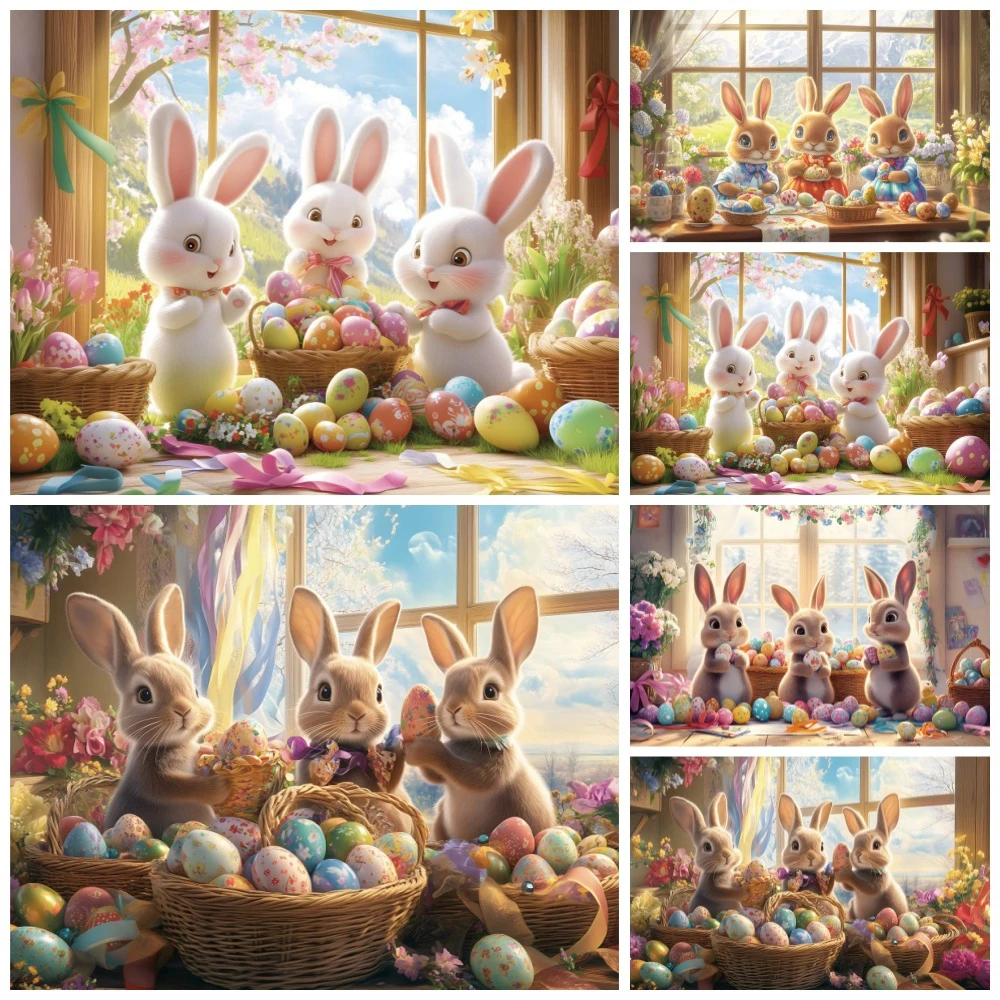 AI Scene Easter Backdrop Photography Spring Cartoon Natural Landscape Cute Rabbit Eggs Kids Party Decoration Photo Background