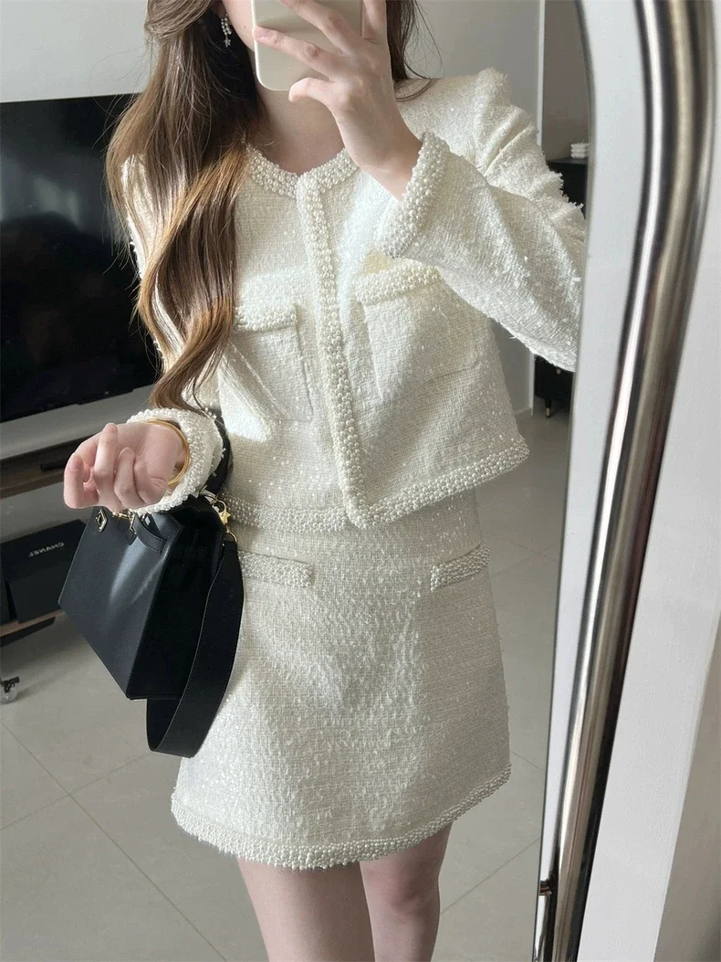 Women's Set 2025 New Spring Autumn Woolen Pearl Design O-neck Sinle Breasted Sweet Coat or High Waist Mini Skirt