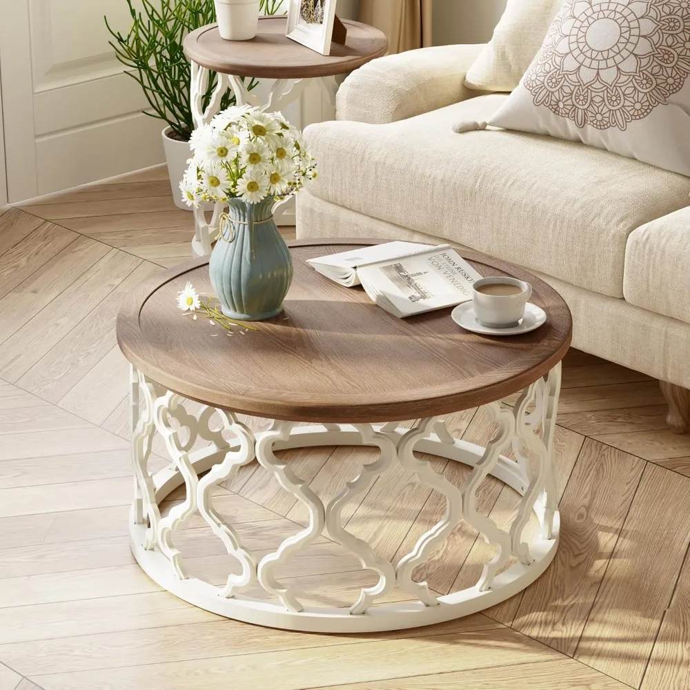 Farmhouse Coffee Table, Distressed Tray Top Table with Curved Motif Frame Base for Boho, Rustic, French Country Decor, Round