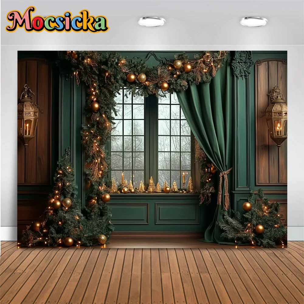 Christmas Room Window Background Photography Vintage Green Curtains Lanterns Wooden Backdrop Winter Family Birthday Party Photo