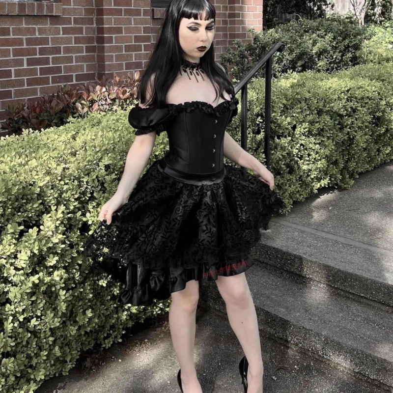 Vintage Dark Gothic Black Embroidery Printing Irregular Women's Mini Skirt Original Sweet Cool Versatile Y2K Short Skirts Ladies