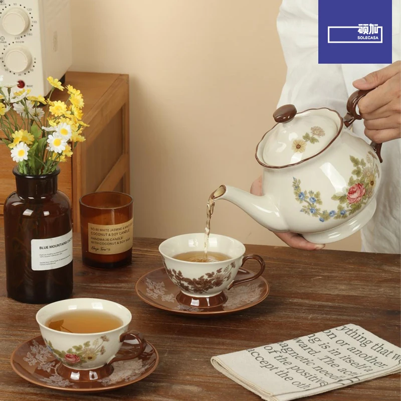 

SOLEKASA Luxury Ceramic Teacup Misty Rose 5-piece French Exquisite Floral Pattern Afternoon Tea Set Ceramic Gift Box Set