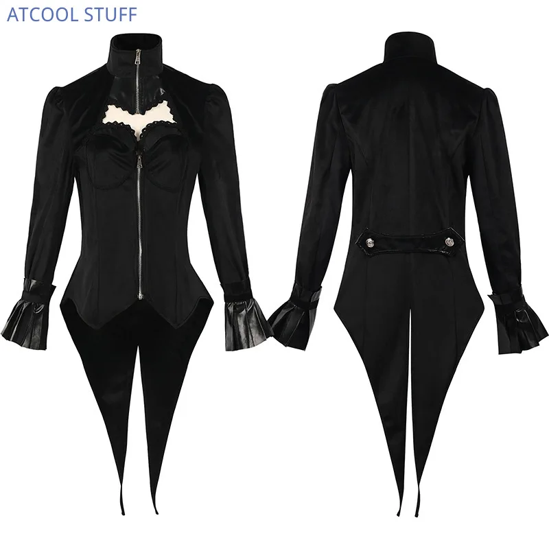 

Women Gothic Silm Fit Jacket Black Zipper Stand Collar Tuexdo Steampunk Sexy Velvet Blouse Renaissance Costume