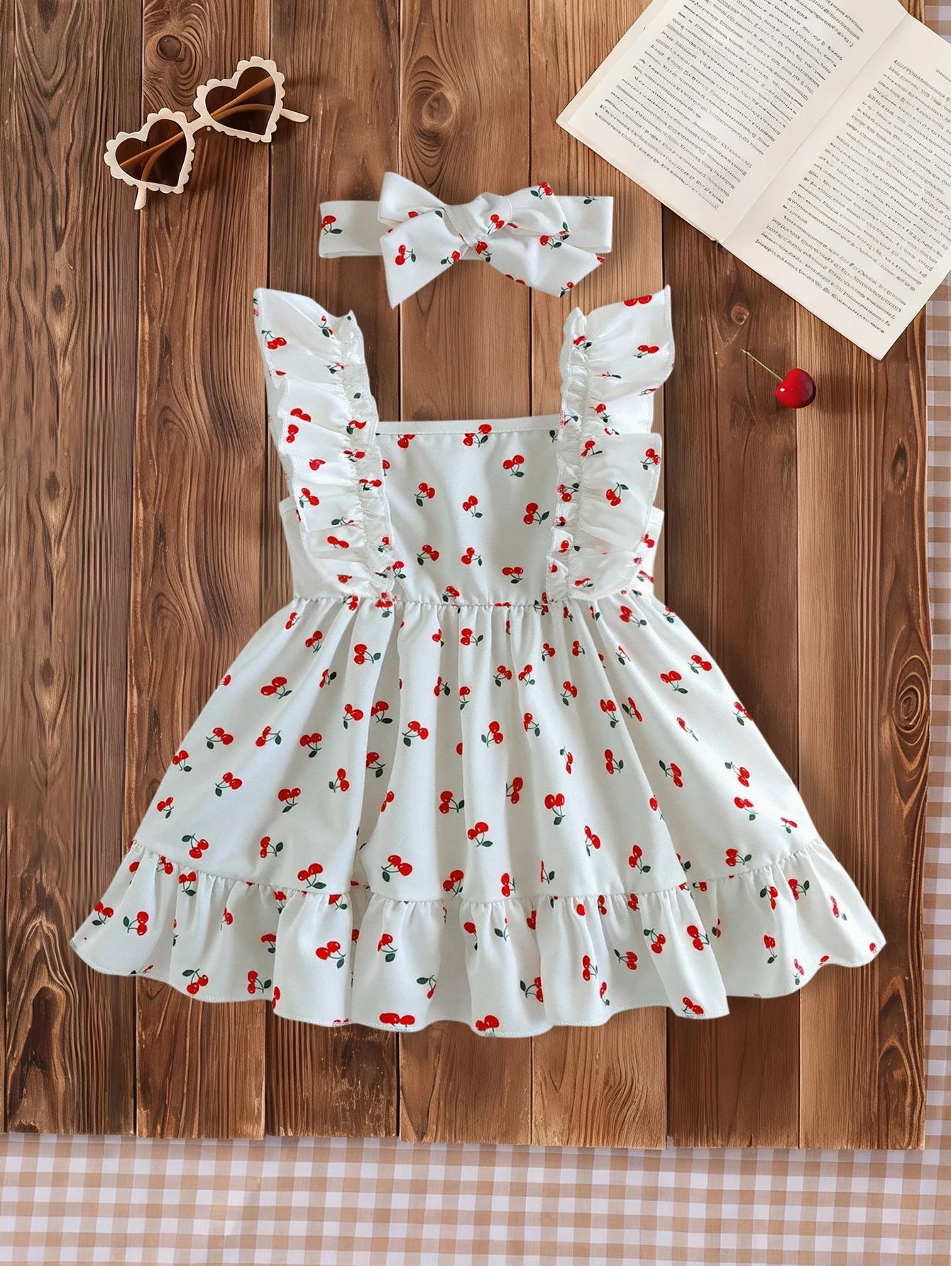 Baby and Toddler Summer Thin Dress Clothing, Children's Comfortable and Simple Cherry Pattern Crew Neck Sleeveless Pastoral Style Dress, Children's Clothing, Cute Lace Flutter Sleeve Ladylike Versatile Outfit for Baby Girls, Youthful and Sweet Vacation Style Outfit, Suitable for Outdoor, Casual, Gatherings, Parties, Holiday Gifts