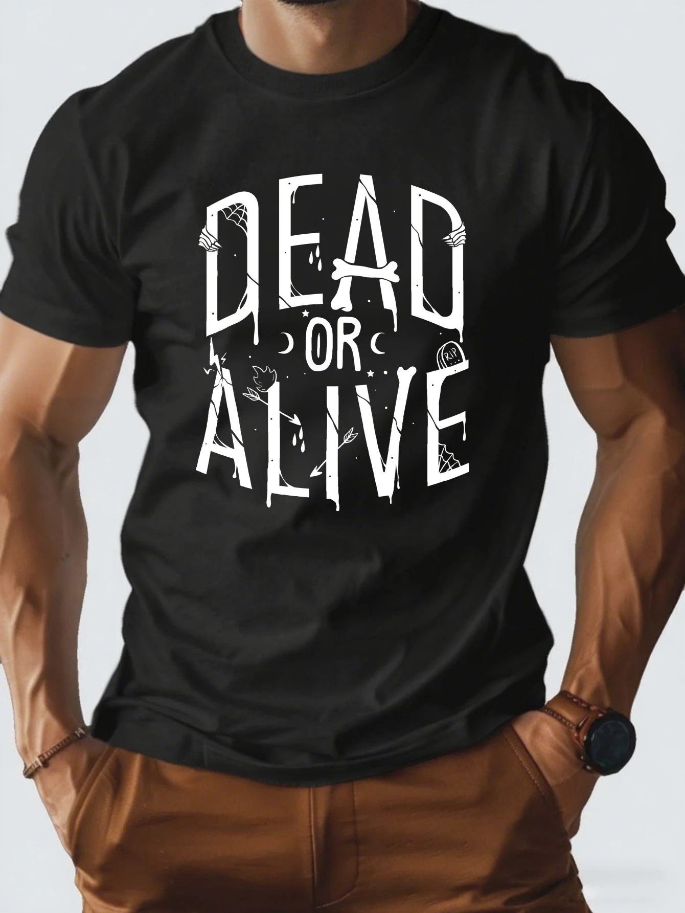 

Men's "Dead Or Alive" Letter T-Shirt Retro Horror Casual Streetwear Cotton Tees