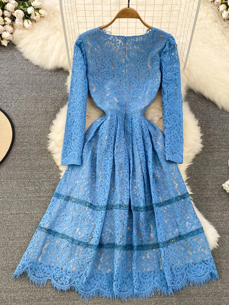 Summer Autumn Flower Embroidery Blue Lace Prom Dress Women Long Sleeve Midi Vestidos Party