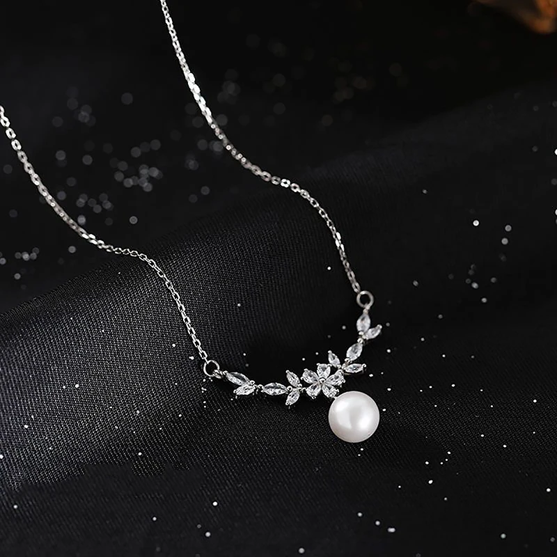 Fashion Exquisite Flower Pearl Pendant Necklace For Women Girls Light Luxury Zircon Clavicle Chain Wedding Jewelry Birthday Gift